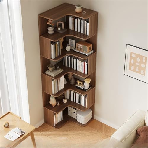 Vertical L-Shape Storage with Open Back 6 Shelves Corner Bookshelf Wood Floor Rack Student Integrated Wall Bookcase Corner Cabinet Multi-layer Storage Cabinet Dark Walnut 24"L x 24"W x 75"H