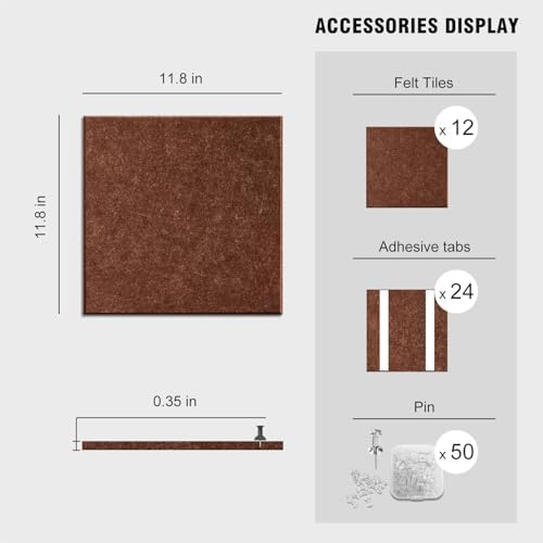 TSJOFFICE Large Cork Board for Wall - 48" x 36" Bulletin Board with 50 Pushpins for Office Decor, Pin Board 12 Pack Felt Wall Tiles with Safe Removable Adhesive Tabs, Corkboard for Home Office - Red