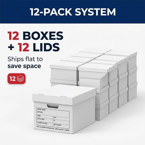 BOX USA Boxes with Lids and Handles (12-Pack) - File Storage Boxes for Office Supplies, Book Storage, Moving, and Packaging