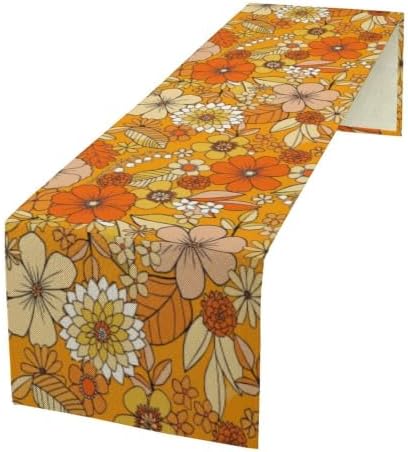 Floral Table Runner Retro 70s Hippie Daisy Flower Peace Love Birthday Party Retro Kitchen Dinning Home Decoration 13x60 Inch