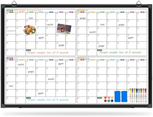 4 Month Dry Erase Calendar for Wall 36" x 24", Black Aluminum Frame