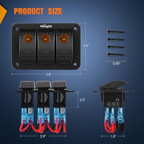 Nilight 3 Gang Rocker Switch Panel w/Orange LED Light 5Pin ON Off Pre-Wired