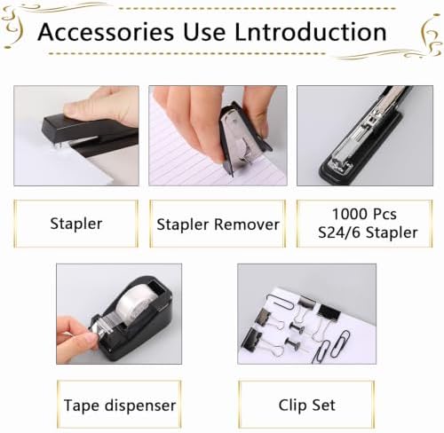 Office Supplies,Black Desk Accessories,Stapler and Tape Dispenser Set for Women with Stapler,Tape Dispenser,Staple Remover,Staples,Clips,Scissors and Tabs,Gift for Students,Coworkers,Teacher,Business