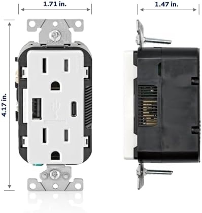 Leviton 18W USB Type-A/C in-Wall Charger with 15A Tamper-Resistant Outlet, USB Charger for Smartphones, Not for Laptops, T5638-W, White
