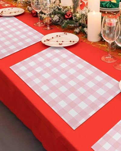 Christmas Placemat 1PC, Rustic Pink White Buffalo Check Plaid Pattern Heat Resistant Washable Table Place Mats Farmhouse Cotton Table Linens Party Holiday Decor for Kitchen Dining Outdoor Indoor