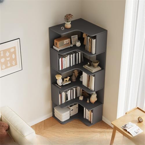 Vertical L-Shape Storage with Open Back 5 Shelves Corner Bookshelf Wood Floor Rack Student Integrated Wall Bookcase Corner Cabinet Multi-Layer Storage Cabinet Grey 24" L x 24" W x 63" H