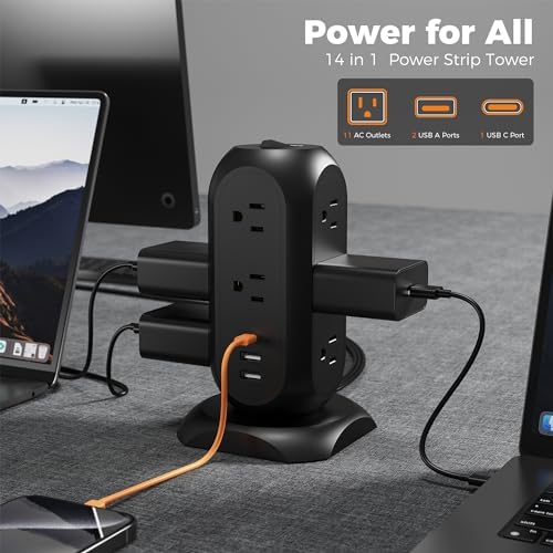 TESSAN Tower Power Strip Flat Plug with 1050J Surge Protection, 6 Ft, Black (Pack of 2)