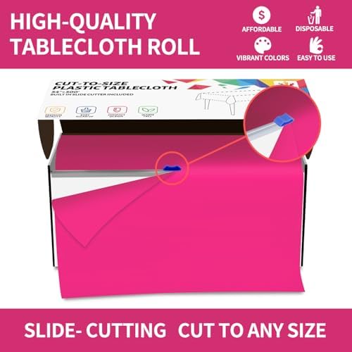 CXPSINC 54 Inch X 300 Feet Plastic Table Cover Roll Disposable Tablecloth with Slide Cutter for All Type/Shape Tables | Party, Banquet, Birthdays, Weddings(Fuchsia, 300 Feet)