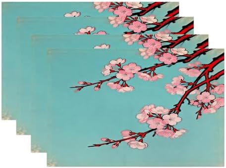 Batmerry Shabby Chic Cherry Blossom Linen Placemats Set of 4, Artistic Floral Illustration Washable Table Mats for Kitchen Table Thickened Heat Insulation Dining Set Indoor Outdoor 12X18 in