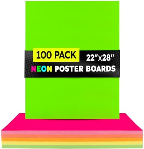Hygloss Medium Poster Board 22x28 - 100 Assorted Neon Color Bulk Pack - 10 Pt. Thickness Colored Poster Board Paper for Projects, Signs, Displays - Posterboard Multipack 22" x 28"