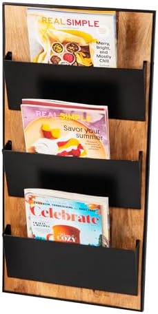 Mind Reader 3-Tier Wall-Mounted File Organizer, Wood and Metal Vertical Rack for Mail, Magazines, and Documents, Black