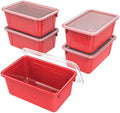 Storex Small Cubby Bins – Plastic Storage Containers for Classroom with Non-Snap Lid, 12.2 x 7.8 x 5.1 inches, Red, 5-Pack (62407A05C)