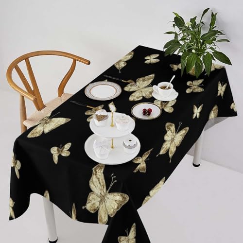 Golden Butterfly Tablecloth, Vintage Luxury Yellow Golden Butterflies Print Table Cloth for Kitchen Dining Coffee Table Outdoor Party Decor 60x110in