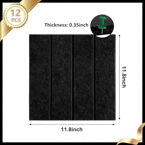 12 Packs Black Felt Pin Board, Large 12" Bulletin Board with 30 Push Pins, Felt Board Slat Wall Paneling for Office Home Kitchen, Self-Adhesive Corkboard Tiles for Classroom Message Photos Memos