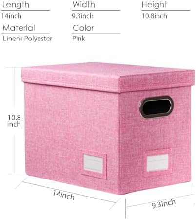 PRANDOM File Organizer Box - Set of 2 Collapsible Decorative Linen Filing Storage Hanging File Folders with Lids Office Cabinet Letter Size Pink (14x9.3x10.8 inch)