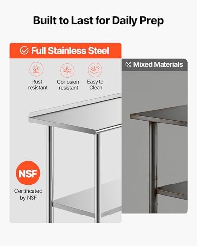 VEVOR Stainless Steel Work Table, 24x36 Inch Food Prep Table with Backsplash, Commercial Kitchen Workstation with Adjustable Undershelf, Metal Heavy Duty Utility Worktable, for Restaurant Home Outdoor