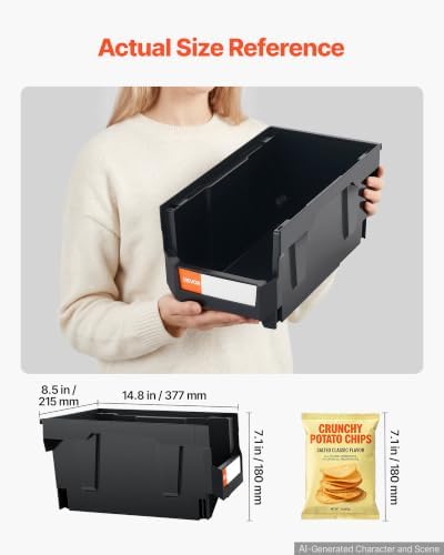 VEVOR Plastic Stackable Storage Bins, 14.8 x 8.5 x 7.1 inch (12 Pack), Plastic Containers for Organizing & Storage Bins for Garage, Small Parts, Office Supplies, Other Accessories, Black & Transparent