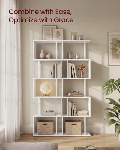 VASAGLE 6-Tier Book Shelf, S-Shaped Tall Display Shelf for Living Room | Bookcase Book Shelf, Tall Narrow Display Shelf Storage, Cloud White and Matte White, BARNET Collection ULLS172KD01