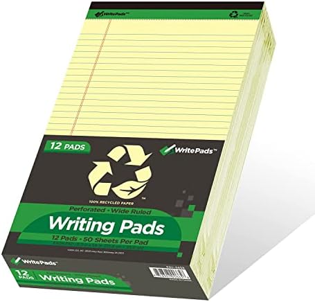 KAISA Yellow Legal Pads 12 pads 600 Sheets 8.5"x14" Writing Pads Recycled Paper 8.5"x14" Wide Ruled Lined Paper Perforated 50 sheets Hard Back Notepads Large Legal Pad Writing Tablet Canary For Office Supplies (Canary 12pads)