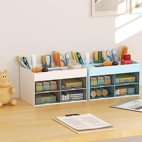Marbrasse Pen Organizer with 4 Drawer, Multi-Functional Pencil Holder for Desk, Desk Organizers and Accessories with 4 Compartments + Drawer for Office Art Supplies (Blue)