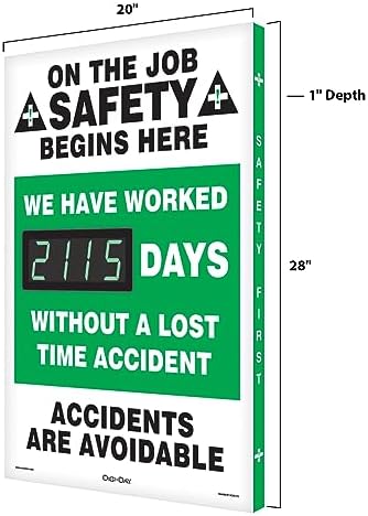 Accuform SCK115 Aluminum Digi-Day Electronic Scoreboard, "ON THE JOB SAFETY BEGINS HERE - WE HAVE WORKED #### DAYS WITHOUT A LOST TIME ACCIDENT - ACCIDENTS ARE AVOIDABLE"