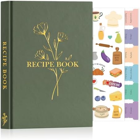 Lanpn Blank Recipe Book Cookbook to Write in Your Own Recipes, Waterproof A5 Empty Cooking Journal for 70 Recipes, Leather Cover Recipe Notebook with Stickers to Organize Your Family Recipes, Green