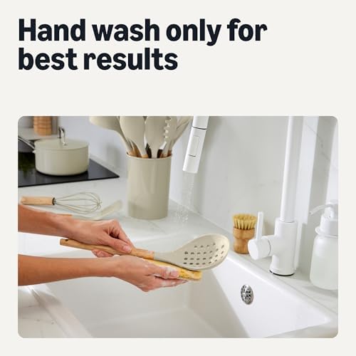 Amazon Basics Silicone Cooking Utensils Set with Wooden Handle, 14-Piece, BPA-Free, Utensil Holder Included, Linen Gray