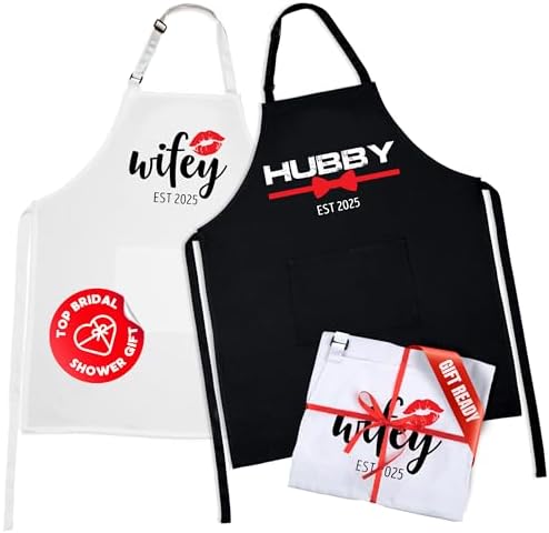 Prazoli Products Mr Mrs Apron Set - Engagement Gifts, Wedding & Bridal Shower Gifts for Couple (Hubby & Wifey Est: 2025, Standard)