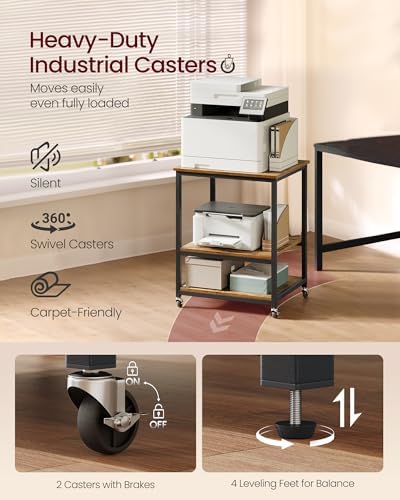 VASAGLE 3-Tier Printer Stand with Locking Wheels, Under Desk Printer Table
