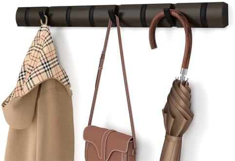 Umbra Flip Coat Rack, Wall Mount 8-Hook, Space Saving, Walnut/Black
