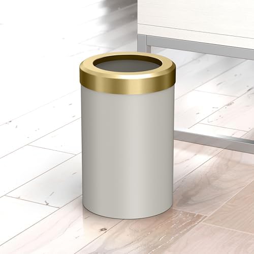 Gatco Small Bathroom Trash Can with Lid, Round 3 Gallon Stainless Steel Wastebasket, Under Sink, Matte Pearl and Brushed Brass, for Bathroom, Bedroom, Office (1931B)