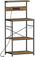 VUSIGN Kitchen Bakers Rack with Power Outlet, 4 Tiers Microwave Stand with Storage, 23.6 Inch Coffee Bar Station with 6 S Hooks, Adjustable Shelf Rack for Pots/Pans/Spices, Rustic Brown