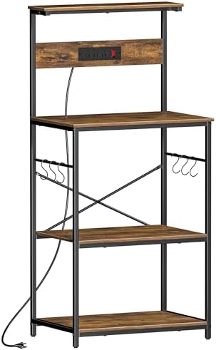 VUSIGN Kitchen Bakers Rack with Power Outlet, 4 Tiers Microwave Stand with Storage, 23.6 Inch Coffee Bar Station with 6 S Hooks, Adjustable Shelf Rack for Pots/Pans/Spices, Rustic Brown