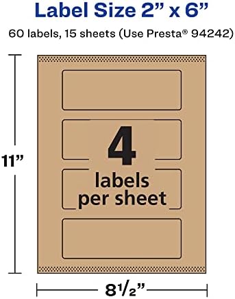 Avery® Kraft Brown Rectangle Labels, Sure Feed® Technology, 2" x 6", 60 Kraft Brown Labels, Print-to-The-Edge, Laser/Inkjet Printable