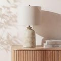 Nourison Home 24" Natural Beige Textured Ceramic Table Lamp with Tan Linen Shade, Farmhouse Accent Lamp, Bedside Nightstand Lamp for Bedroom, Living Room