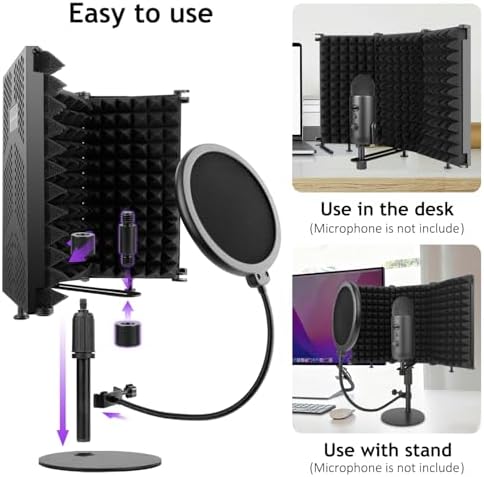 Microphone Isolation Shield, 3 Panels Sound Proof Mic Shield with Mic Stand and Pop Filter, High Density Absorbent Foam Mic Isolation Shield for Recording