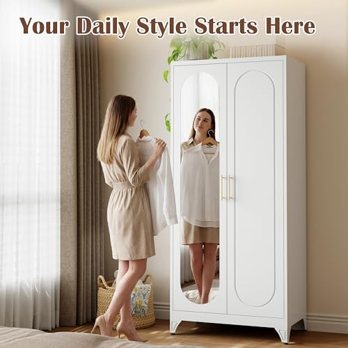 SteeLoong 71”Armoire Wardrobe Close,White Wardrobe Cabinet with Mirror Door