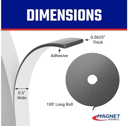 Master Magnetics Flexible Magnetic Tape - Magnet Strips with Strong Adhesive Backing for Walls, Boards, Signs, and More - 0.0625" Thick - 0.5" W - 100 Ft - 1 Roll