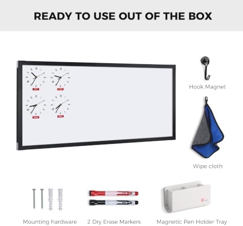 4x2 Ft Magnetic Whiteboard with 4 U.S. Time Zone Clocks, Black Wood Frame