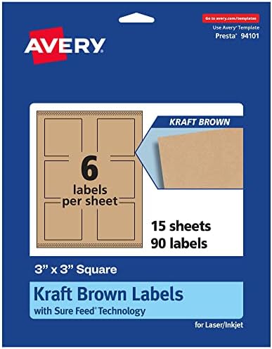 Avery® Kraft Brown Square Labels, Sure Feed® Technology, 3" x 3", 90 Kraft Brown Labels, Print-to-The-Edge, Laser/Inkjet Printable