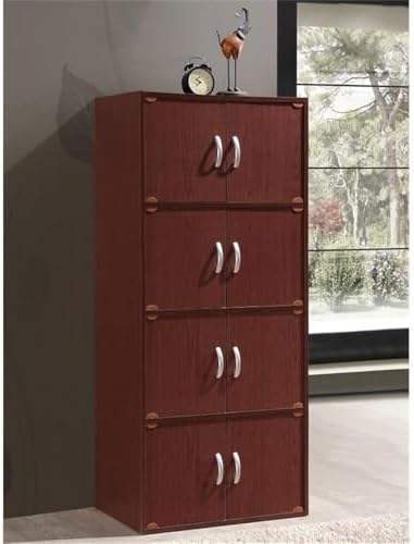 Pemberly Row 4 Shelf 8 Door Bookcase, 54.3 in H x 23.4 in W x 15.5 in D, Mahogany Finish, Slim Vertical Design, Wood Construction, Multipurpose Storage for Office, Bedroom, Closet or Entryway