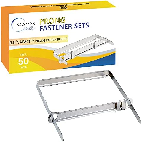 OLYMPX Prong Paper Fasteners 3.5 Inch Capacity, 50 Complete Sets, Corrosion-Resistant Steel, 2.75 Inch Base with Compressor for Standard 2-Hole Punch, File Folders, Folder Clips, Made in USA
