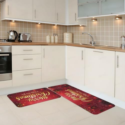 Christmas and New Year Kitchen Floor Mat 2 Pcs, Non Slip Rugs Absorbent Mats for Floor Countertop Office Home, Merry Indoor Outdoor Decor Doormat 17" x 29.5" + 17" x 47"