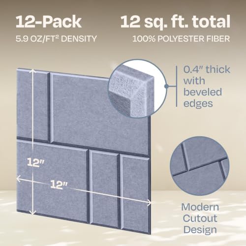 Acoustic Panels 12-Pack Soundproof Wall Panels 12"x12"x0.4" Decorative Sound Dampening for Your Home, Office, Studio, Bedroom & More with Unique GridFrame Carving [Dusky Gray]