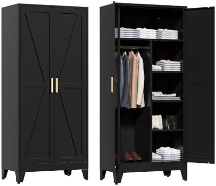 Washsemba 71'' Farmhouse Metal Wardrobe Cabinet with Hanging Rod, 2 Barn Door Wardrobe Closet with 5 Adjustable Shelves,Drawer,for Dining Room,Bedroom,Living Room, Cloak Room,Office (Black)