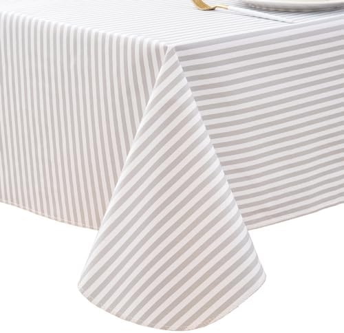 LIBERECOO Vinyl Tablecloth with Flannel Backing,Gery Stripe 60 x 84 Inch Rectangluar Tablecloths Stain-Resistant Waterproof Plastic Table Cover for Indoor/Outdoor