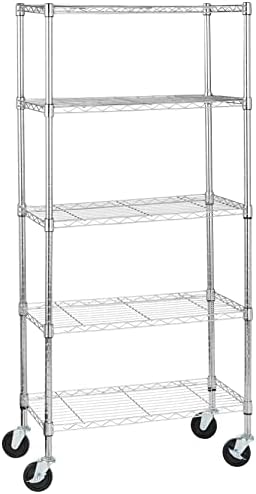 Amazon Basics 5-Shelf Adjustable, Heavy Duty Storage Shelving Unit on 4" Wheel Casters, Easy to Move Portable Wire Shelving, No Tools Needed for Easy Assembly, 30" x 14" x 64.8", Chrome