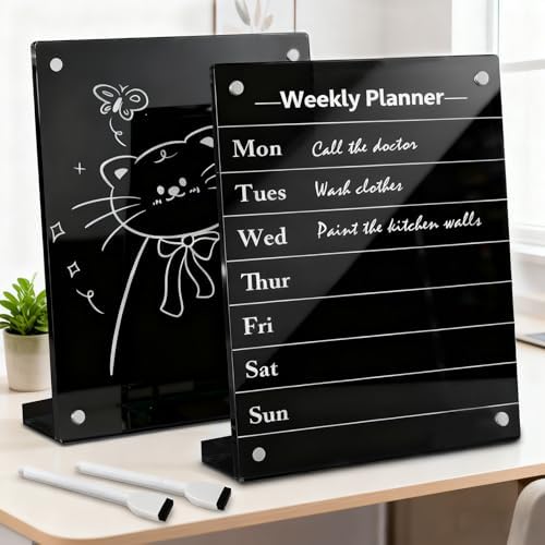 2PCS Black Acrylic Weekly Dry Erase Board with Stand for Desk, 12x8 Small Desktop Whiteboard Magnetic Fridge Calendar Memo Board, Daily Planner Blackboard Easel for Office, School