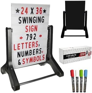 Swinging Changeable Message Sidewalk Sign: 24" x 36" Sign with 792 Pre-Cut Double Sided Letters and Storage Box. Includes Black Board & Letter Board (Black Color Legs)
