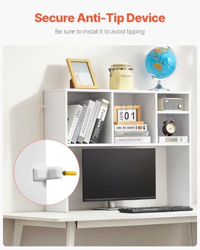 VEVOR Desktop Bookshelf, Storage Organizer with 5 Shelves for Computer Desk, Wooden Shelf Desk Hutch with Anti-Slip Feet Pads, Desk Top Display Rack for Office, Home & Dorm, White